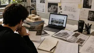 Architecture student comparing school options at a studio desk with program materials, model work, pinned drawings, and portfolio pages.