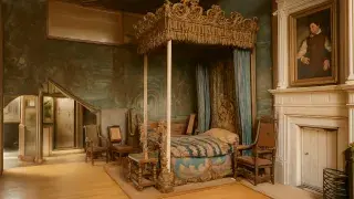 Baroque bedroom with gilded canopy bed and historic furniture.