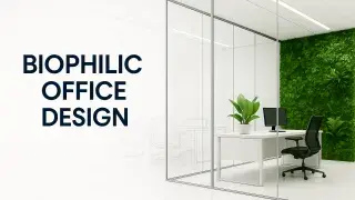 Modern office interior with glass partitions, desks, and greenery in glossy reflective style