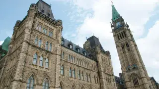 Restored Canadian Parliament facade with Peace Tower.