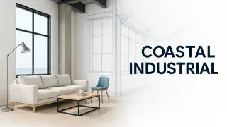 Open-concept loft interior blending exposed steel and brick with light coastal tones in glossy reflective style.