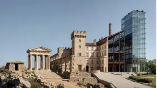 Architectural forms evolving from early stone shelter and classical temple to fortified masonry and contemporary glass construction.