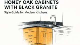 A modern kitchen sketch highlighting honey oak cabinets with black granite countertops.