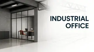 Modern industrial office with exposed steel beams, concrete walls, and glass partitions in glossy reflective style.