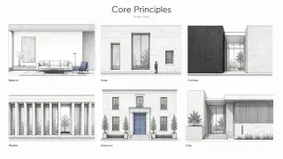 Six-panel architectural diagram showing balance, scale, contrast, rhythm, hierarchy, and unity.