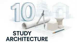 Blueprint sketch with compass, cube, and column showing reasons to study architecture.