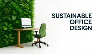 A sustainable office interior with glass partitions and greenery accents.