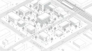 Isometric urban site plan showing buildings, streets, rail access, pedestrian paths, trees, and open spaces in a coherent planning layout.