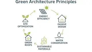 Circular infographic of six green architecture principles with icons: energy efficiency, passive design,