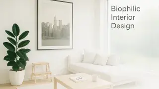 Minimalist living room with biophilic interior design.
