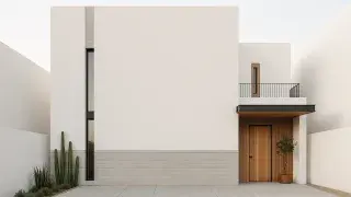 Small two-story minimalist house with white stucco facade, vertical windows, and wood door.