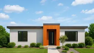 Modern minimalist home exterior featuring stucco walls and wood entrance.