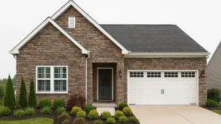 One-story house elevation fully clad in stone with modern landscaping.