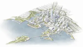 Waterfront urban design masterplan with bridges, parks, marina areas, dense towers, lower neighborhoods, and public spaces.
