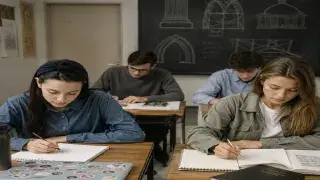 Architecture entrance exam students working quietly on sketching and design exercises at classroom desks.