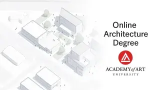 Aerial architectural illustration of an urban masterplan with green roofs and the Academy of Art University logo integrated into the layout.
