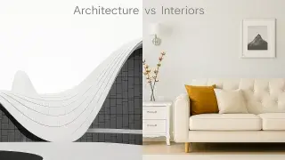 Showing modern building exterior and minimalist interior for architecture vs interiors concept.