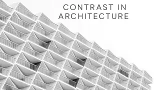Geometric building façade with varied balcony tones and small title text showing contrast in architecture.