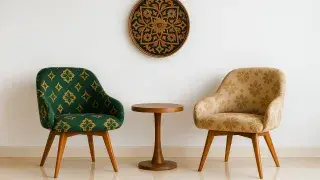 Two patterned chairs in green and gold beside a wooden table with carved wall art on a white wall.