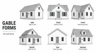 Diagram comparing side, front, cross, Dutch, box, and dormer gable roof forms on simple grayscale house models.