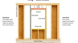 King and jack stud framing diagram showing header, rough sill, and bottom plate.