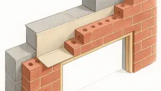 Infographic showing lintel beam installed above a window opening with labeled reinforcement and load distribution.