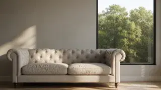 Large picture window beside a tufted sofa bringing natural light into a modern living room.