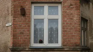 Old brick wall with peeling paint and concrete patches around window before restoration.