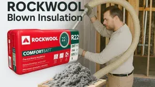 Rockwool ComfortBatt insulation with loose blown material on worksite floor between joists, natural lighting.