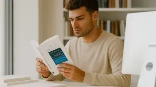 Visual infographic showing a new architecture student reading a book, representing early learning and engagement in architectural studies.