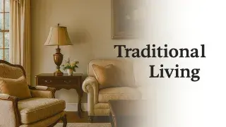 A traditional living room design with soft lighting, and classic furniture.