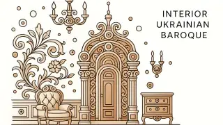 Line art of a Ukrainian Baroque interior with ornate furniture and chandelier.