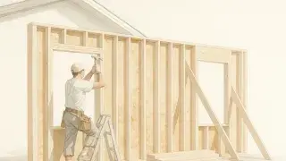 Professional builder working on a wood-framed wall with visible window openings in a modern house build.