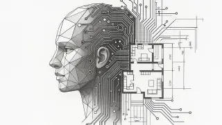 Human head made of circuits beside a modern architectural blueprint.