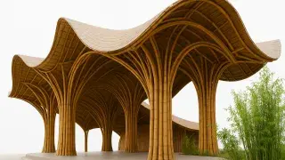Contemporary bamboo canopy with sculpted arches and bundled bamboo columns.