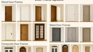 Infographic showing different types of door frames for homes, including wood, metal, and composite door frames, each illustrated with various door styles.