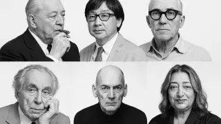 Collage of portraits of six renowned architects.