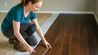 DIY installer laying a hardwood plank during floor installation.