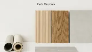 Samples of floor materials including wood, tile, and concrete.