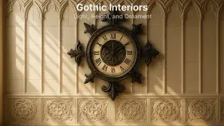 Gothic-style wall-mounted clock with carved tracery set against decorative stone paneling.