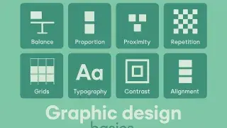 Infographic illustrating graphic design basics with simple geometric icons.