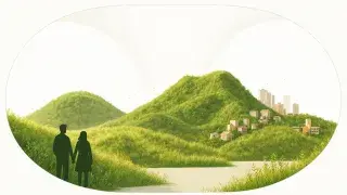 Conceptual image showing harmony between people, architecture, and nature in a bright minimalist setting.