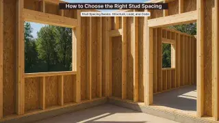 Wood framed wall showing 2x studs at regular spacing inside a new house under construction.