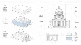 Architectural diagram showing hierarchy in architecture from abstract massing to built form, including massing studies, proportion analysis, facade rhythm, and part-to-whole composition.