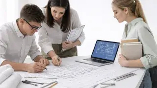 Young architectural assistants collaborating over detailed floor plans at a large white table with a laptop and drafting tools.