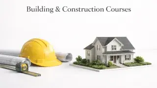 Building and construction courses banner with model house and hard hat.