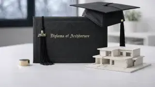 Architecture degree displayed next to a real student design model in a classroom studio.