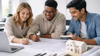 Three students reviewing architectural drawings and a small house model in a design studio.