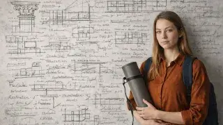 Female architecture student with blueprint tube against a wall of hand-drawn plans and details.