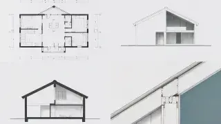 Architectural floor plan, elevation, section, and detail drawings shown together.